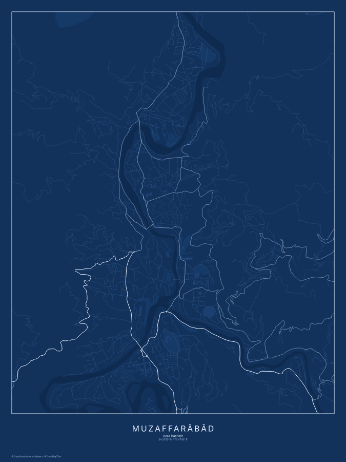 Muzaffarābād map poster, blueprint style