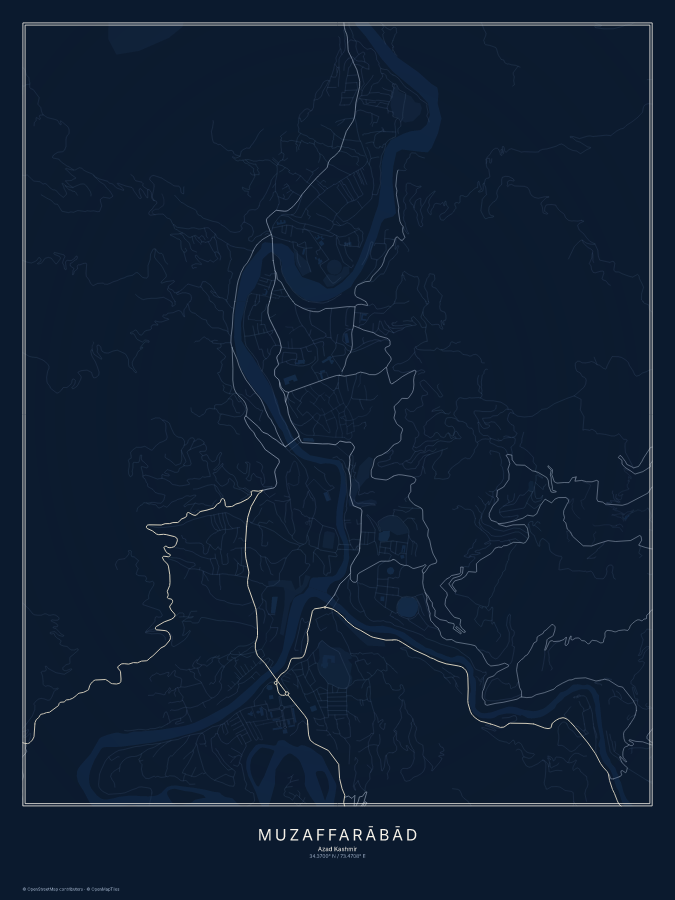 Muzaffarābād map poster, midnight style