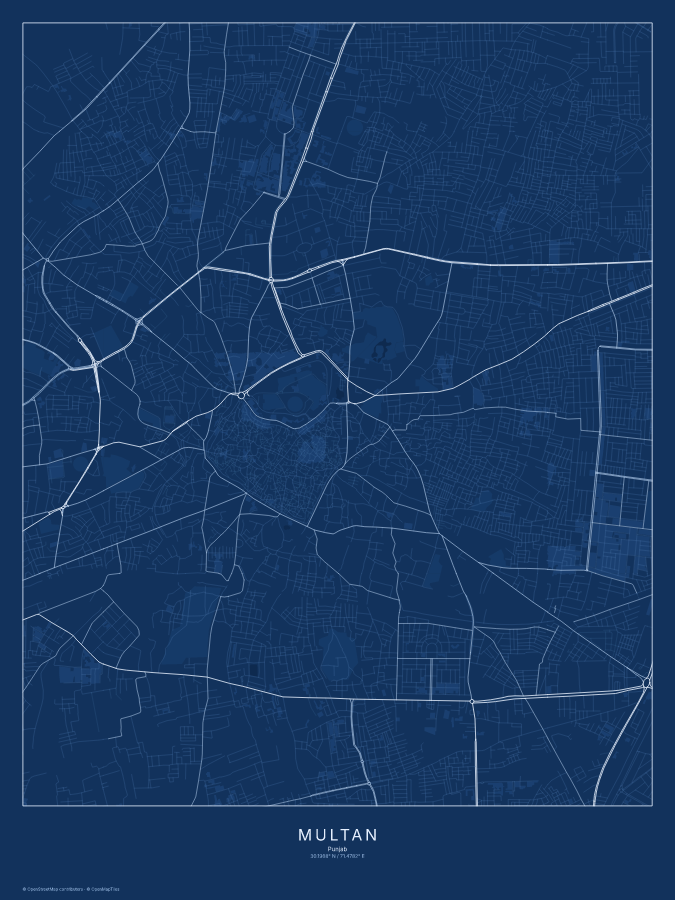 Multan map poster, blueprint style