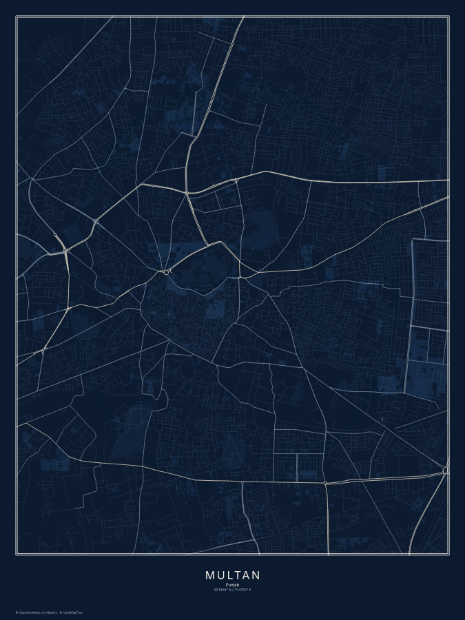 Multan map poster, midnight style