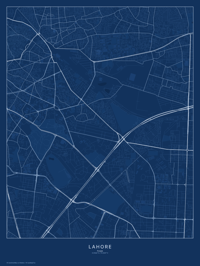 Lahore map poster, blueprint style