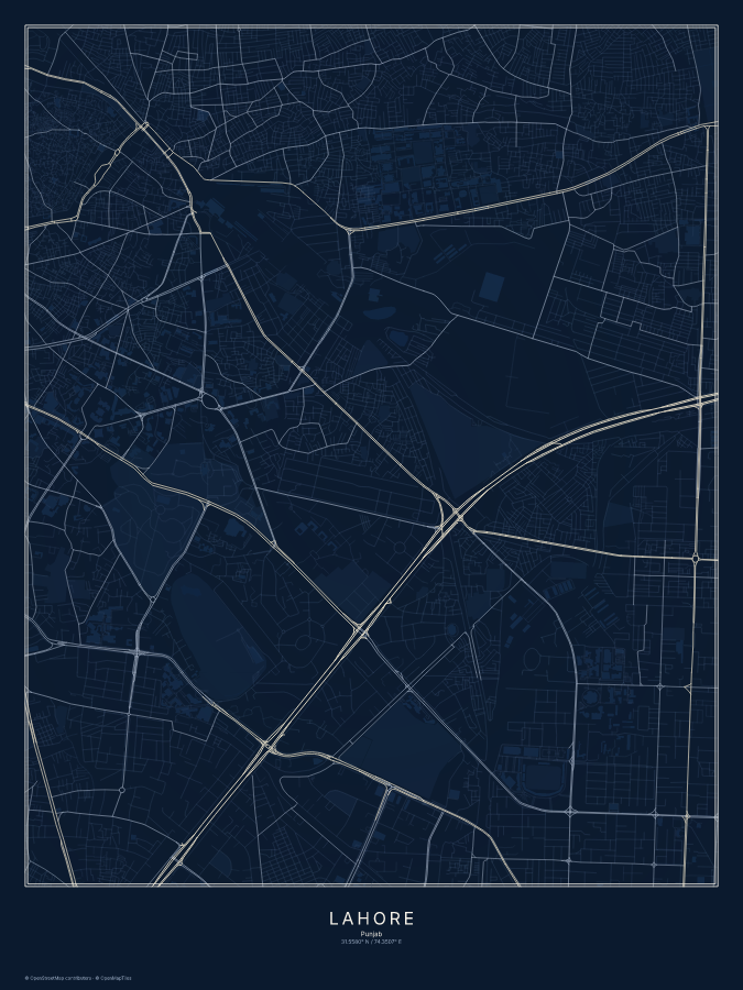 Lahore map poster, midnight style
