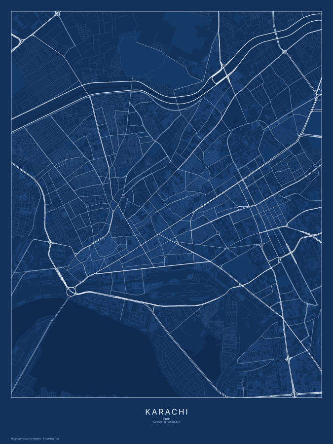 Karachi map poster, blueprint style