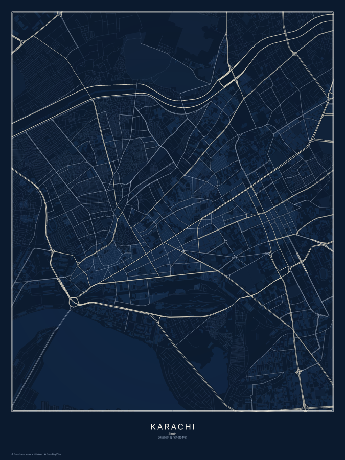 Karachi map poster, midnight style