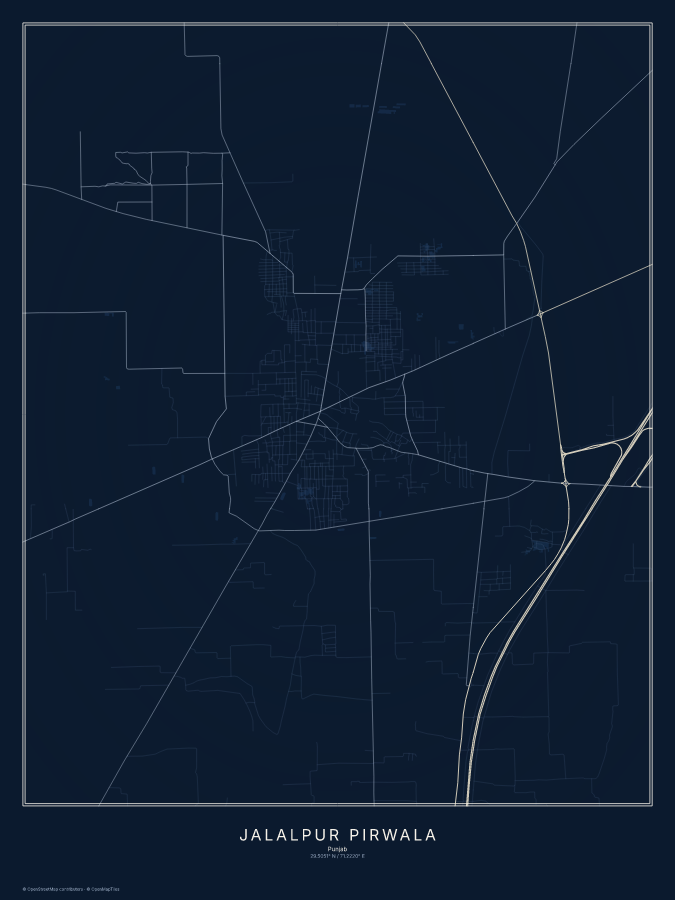 Jalalpur Pirwala map poster, midnight style