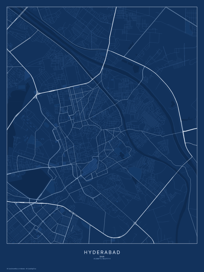 Hyderabad map poster, blueprint style