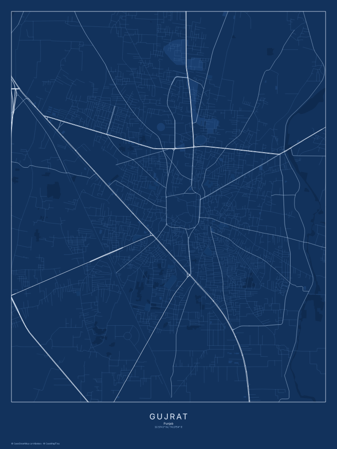Gujrat map poster, blueprint style