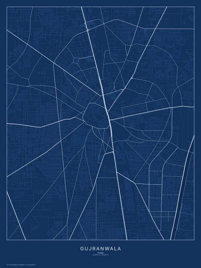 Gujranwala map poster, blueprint style