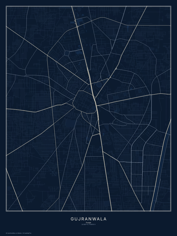 Gujranwala map poster, midnight style