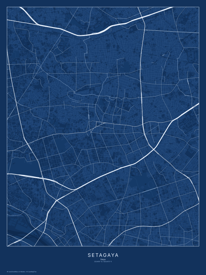 Setagaya map poster, blueprint style