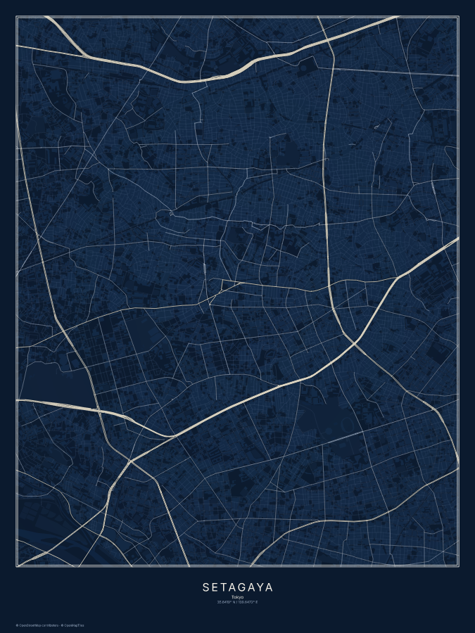 Setagaya map poster, midnight style