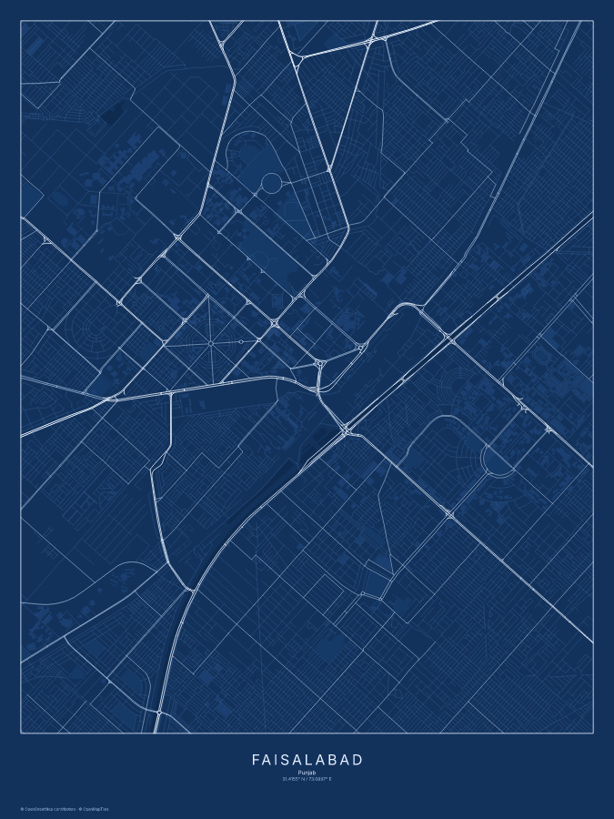 Faisalabad map poster, blueprint style