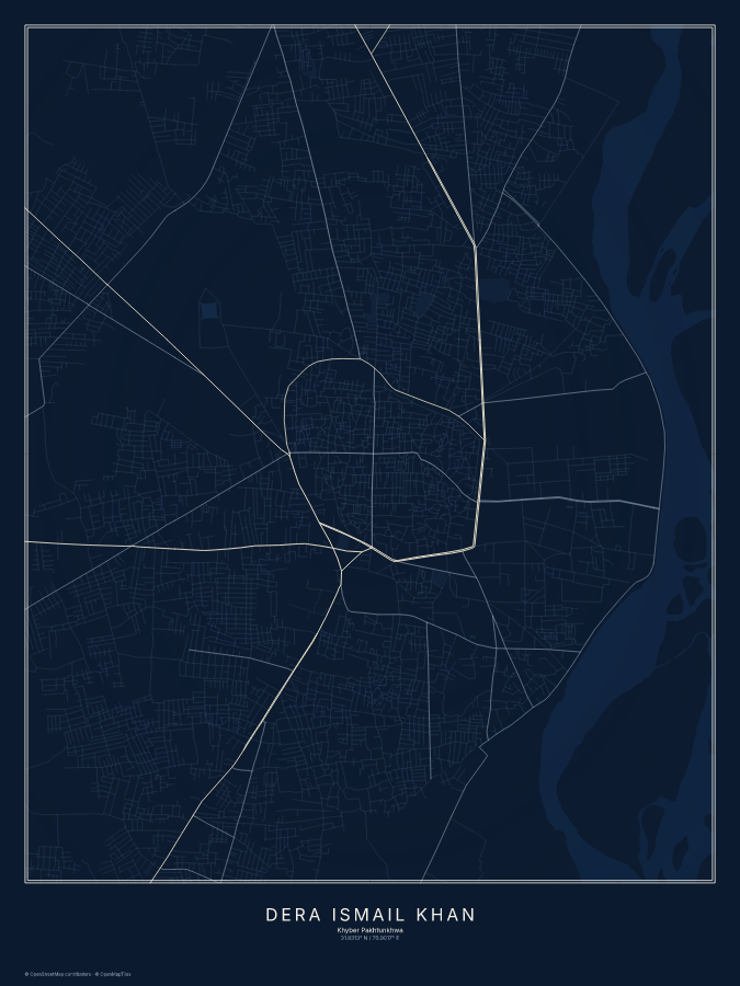 Dera Ismail Khan map poster, midnight style