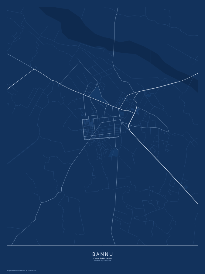 Bannu map poster, blueprint style
