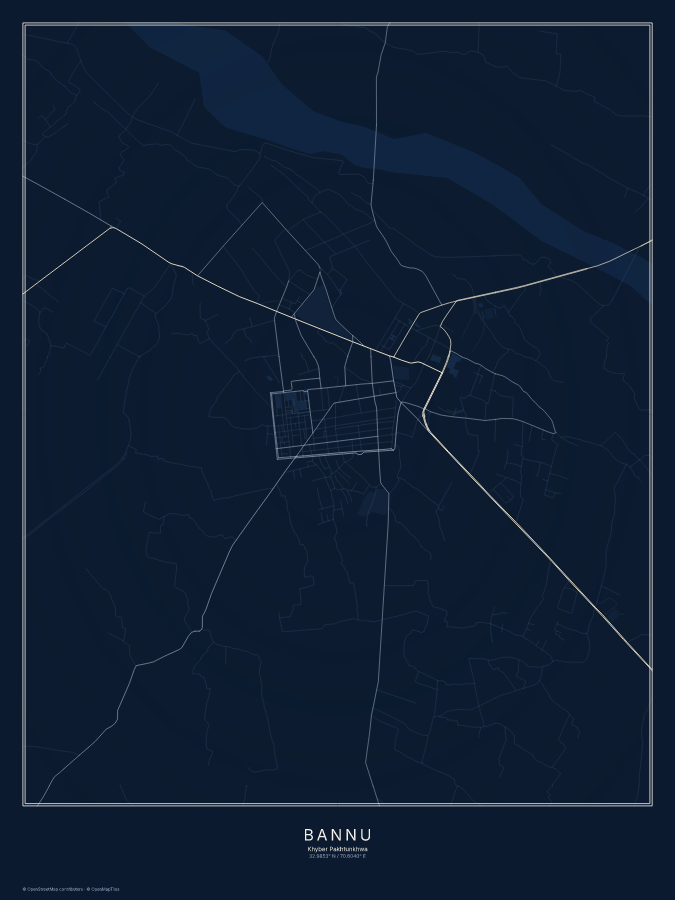 Bannu map poster, midnight style