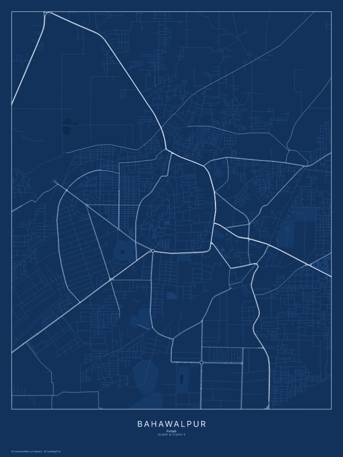 Bahawalpur map poster, blueprint style
