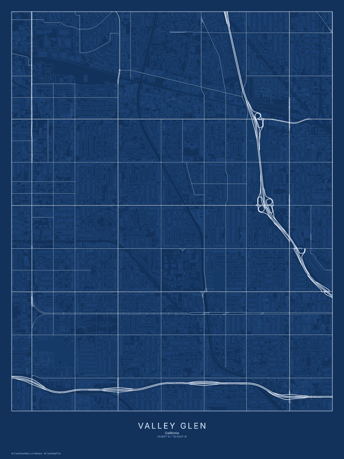 Valley Glen map poster, blueprint style