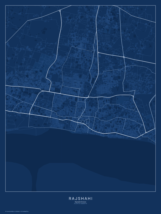 Rajshahi map poster, blueprint style