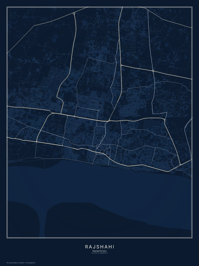 Rajshahi map poster, midnight style