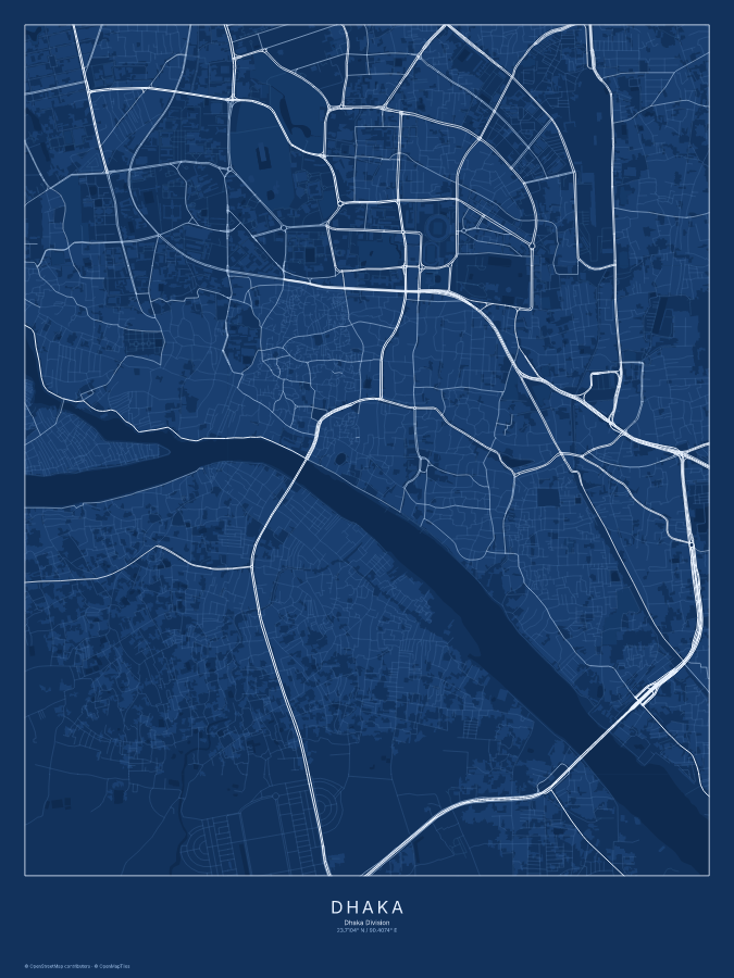 Dhaka map poster, blueprint style