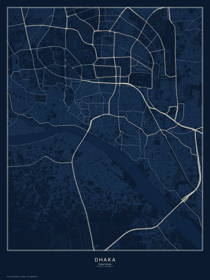 Dhaka map poster, midnight style