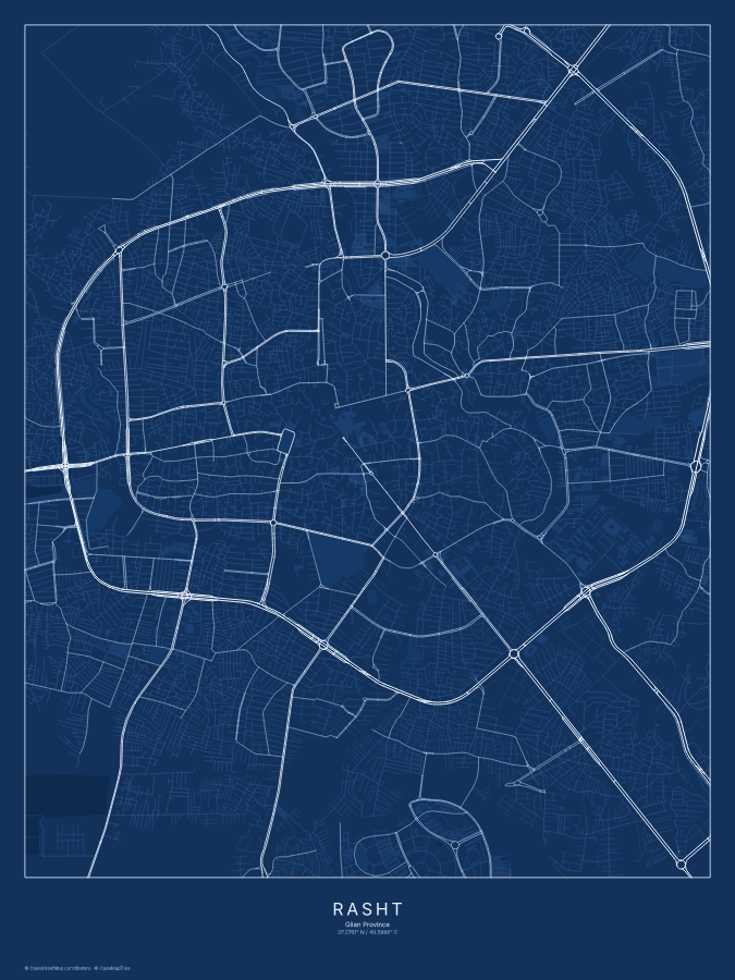 Rasht map poster, blueprint style