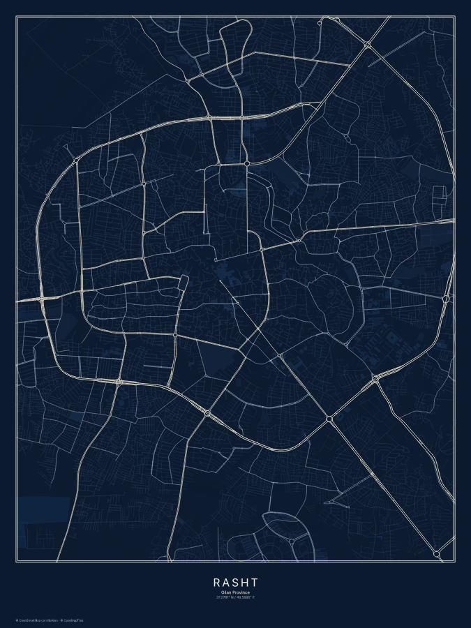 Rasht map poster, midnight style