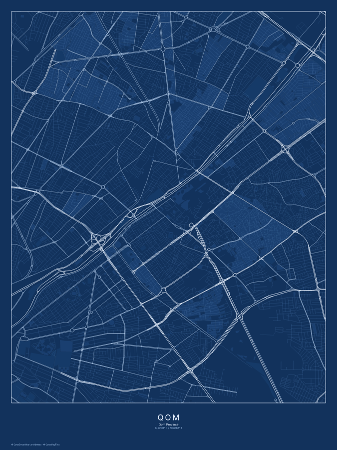 Qom map poster, blueprint style