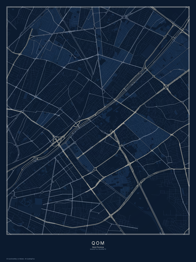 Qom map poster, midnight style