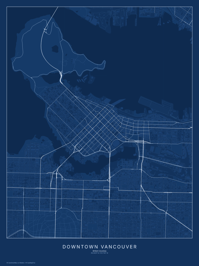 Downtown Vancouver map poster, blueprint style