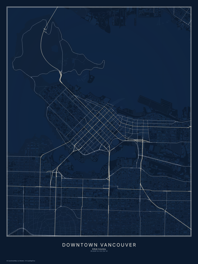 Downtown Vancouver map poster, midnight style