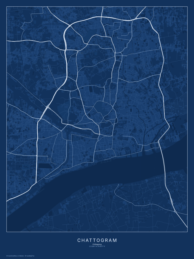 Chattogram map poster, blueprint style
