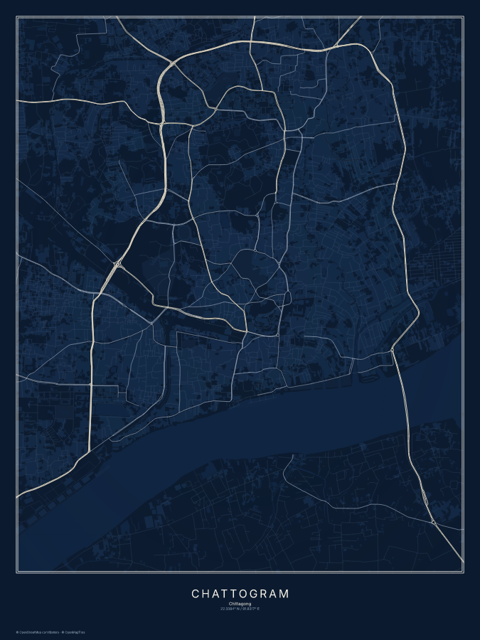 Chattogram map poster, midnight style