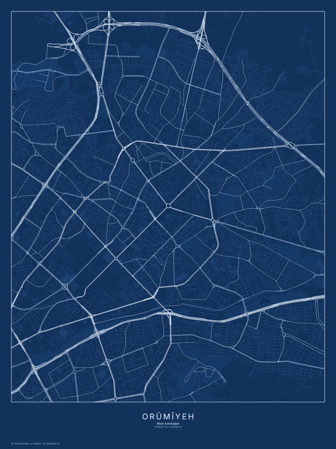 Orūmīyeh map poster, blueprint style