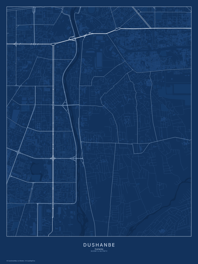 Dushanbe map poster, blueprint style