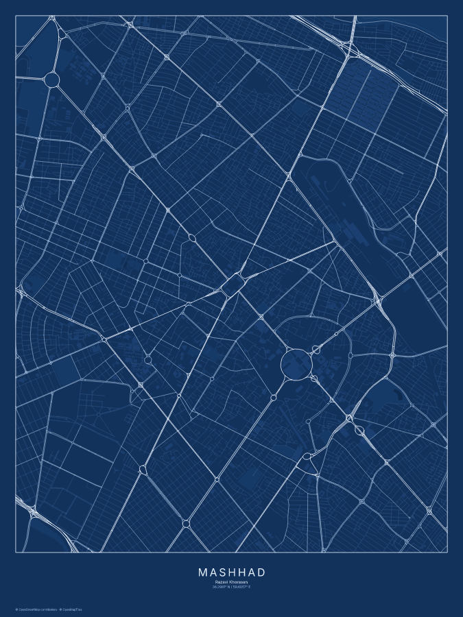 Mashhad map poster, blueprint style