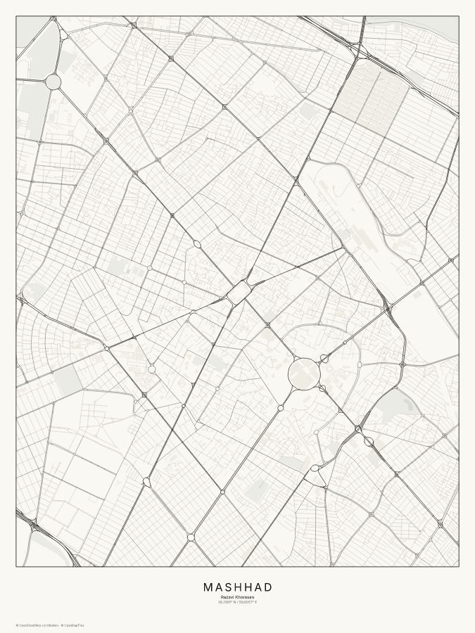 Mashhad map poster, classic style