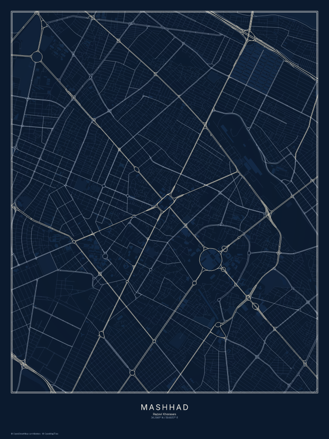 Mashhad map poster, midnight style