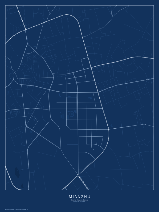 Mianzhu, Deyang, Sichuan map poster, blueprint style