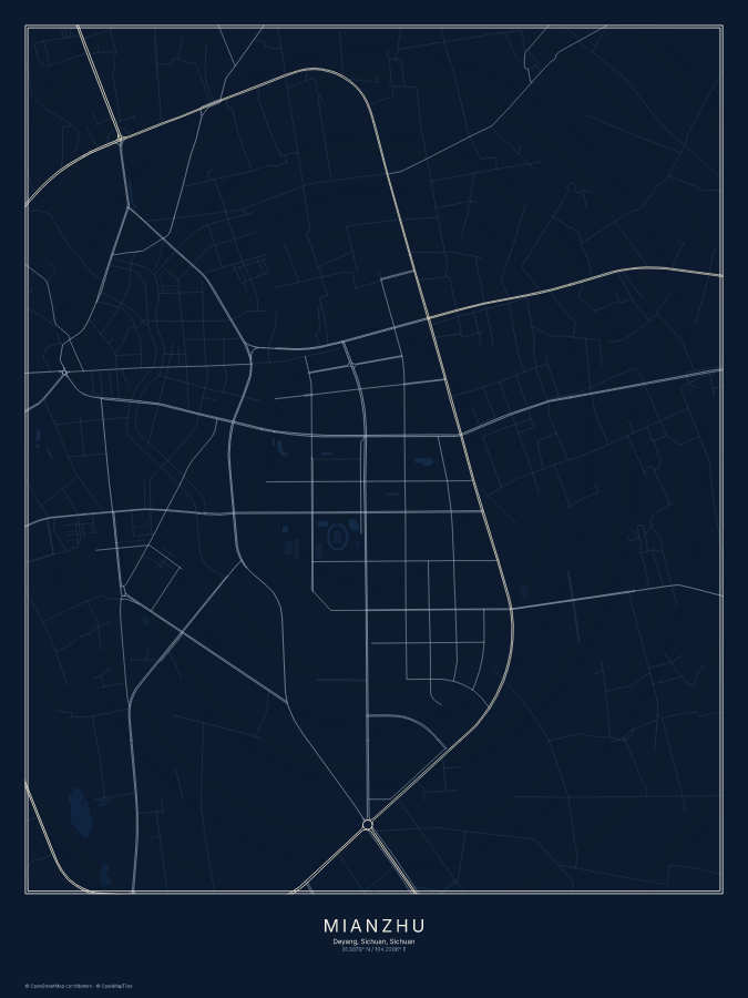 Mianzhu, Deyang, Sichuan map poster, midnight style