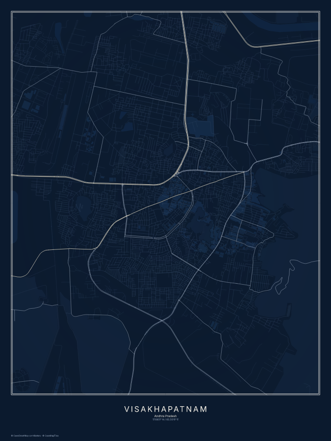 Visakhapatnam map poster, midnight style