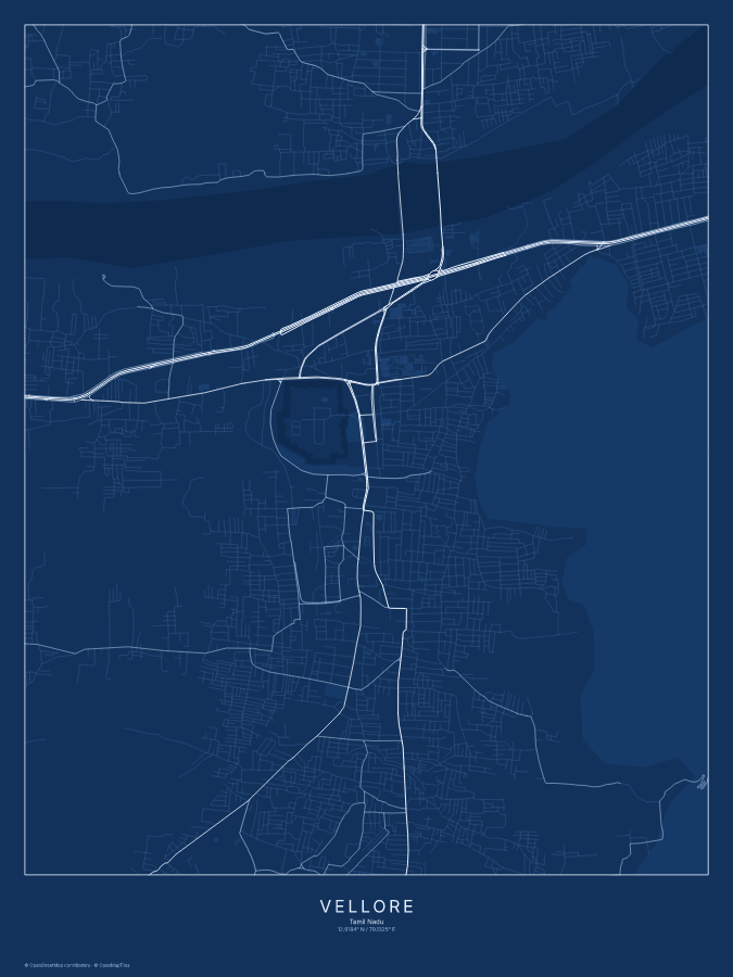 Vellore map poster, blueprint style