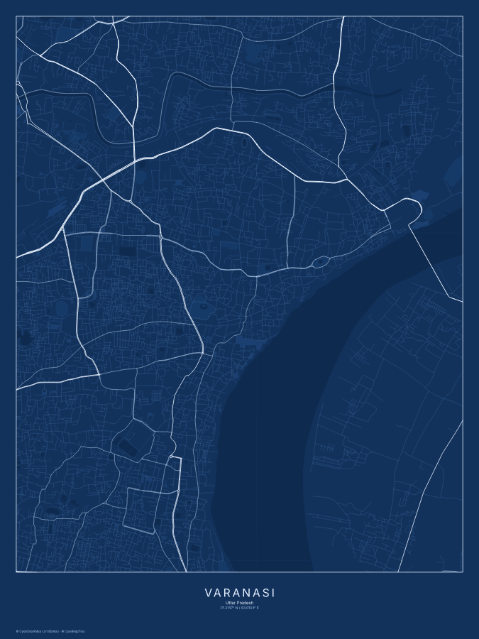 Varanasi map poster, blueprint style