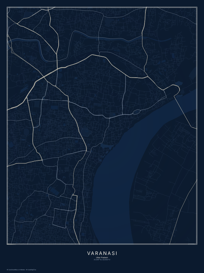 Varanasi map poster, midnight style