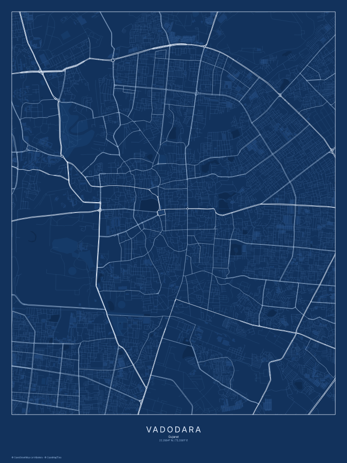 Vadodara map poster, blueprint style