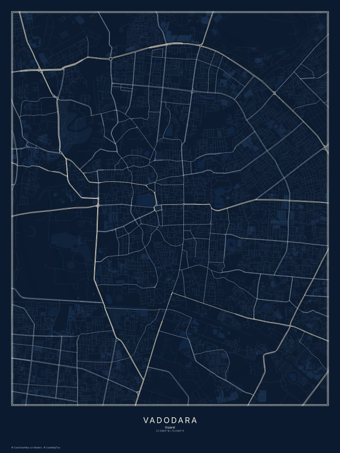Vadodara map poster, midnight style