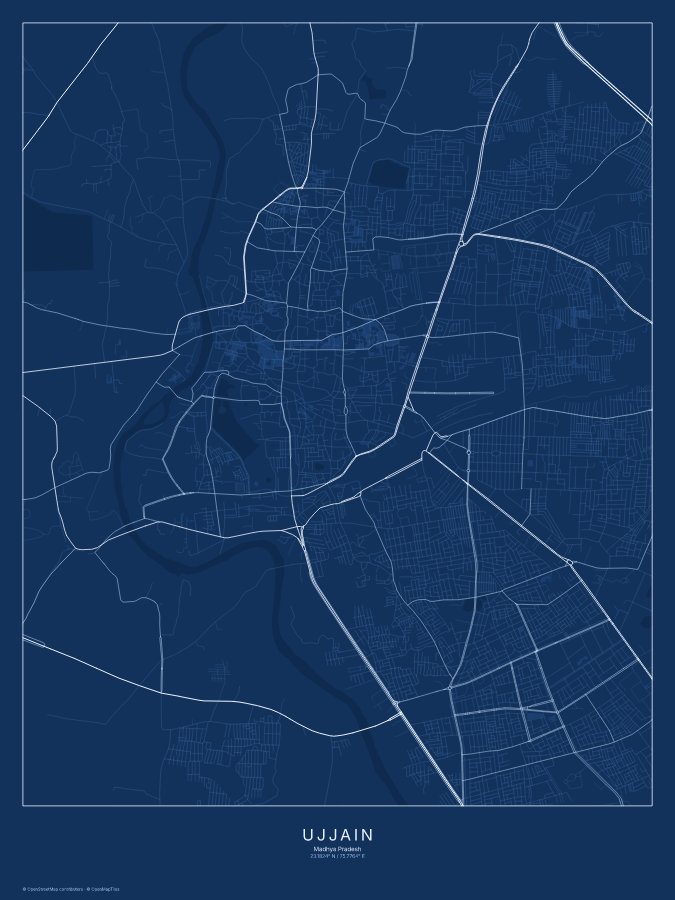 Ujjain map poster, blueprint style