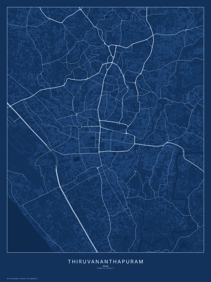 Thiruvananthapuram map poster, blueprint style