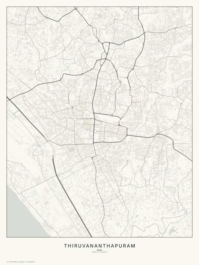Thiruvananthapuram map poster, classic style