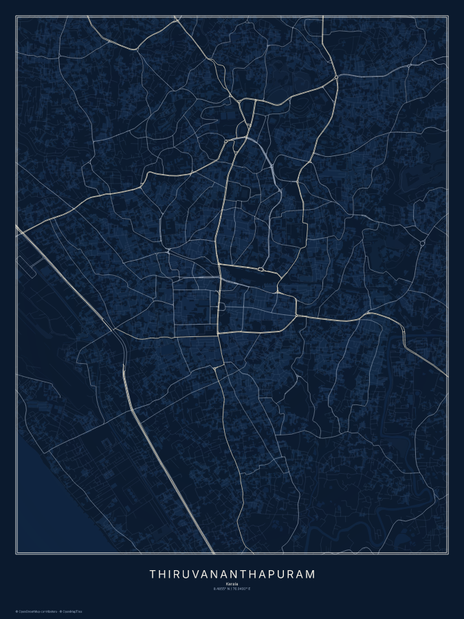 Thiruvananthapuram map poster, midnight style